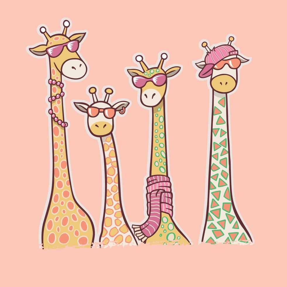 Meet the most elegant giraffes of the savannah, parading in style with their fashionable and charming outfits, in a cartoon style adventure, full of glamour and fun. vector