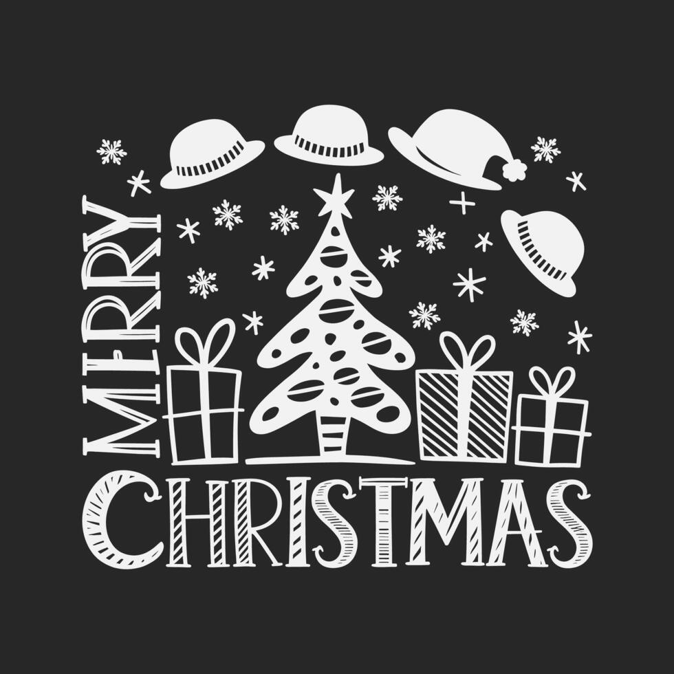 Illustration of a Christmas tree decorated with hats and stars, with the greeting Merry Christmas written in a bold, hand drawn style vector