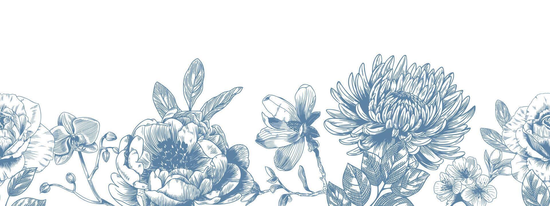 Botanical blue wedding seamless borer with flower on white background. Hand drawn floral, flower and leaf branch in toile de jouy style. Line art for wedding invitation, greeting birthday cards vector