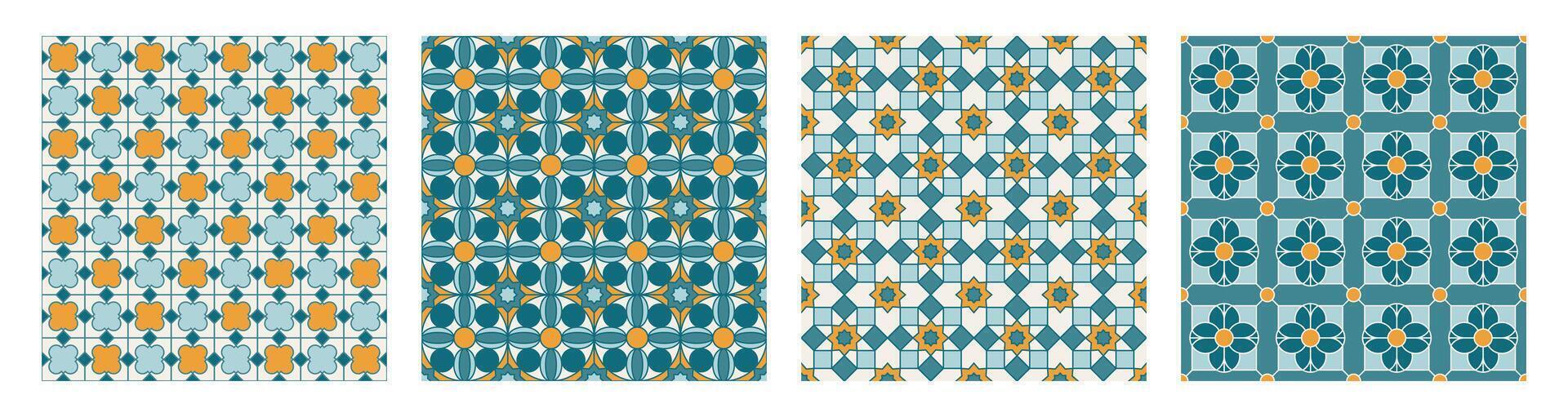 Collection of Arabic geometric mosaic printable seamless pattern with abstract Moroccan print in blue and orange colors. Ramadan Kareem Traditional Islamic art Illustration background vector