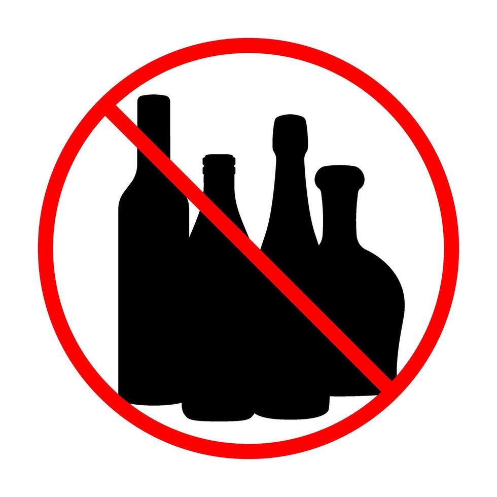 Prohibited alcohol consumption sign. illustration of bottles of drinks with red prohibition circle and slash, symbolizing no drinking allowed vector