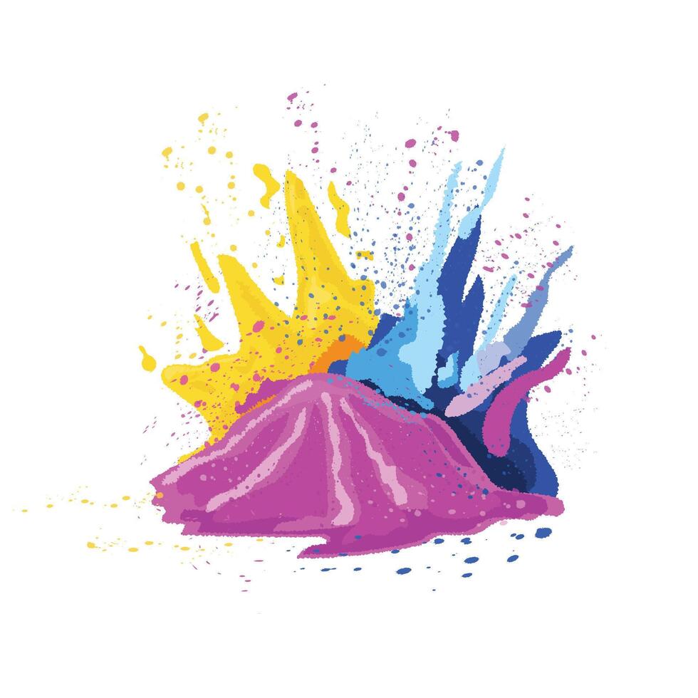 Vibrant piles of Holi powder in blue, pink, and yellow colors with a festive splash effect vector