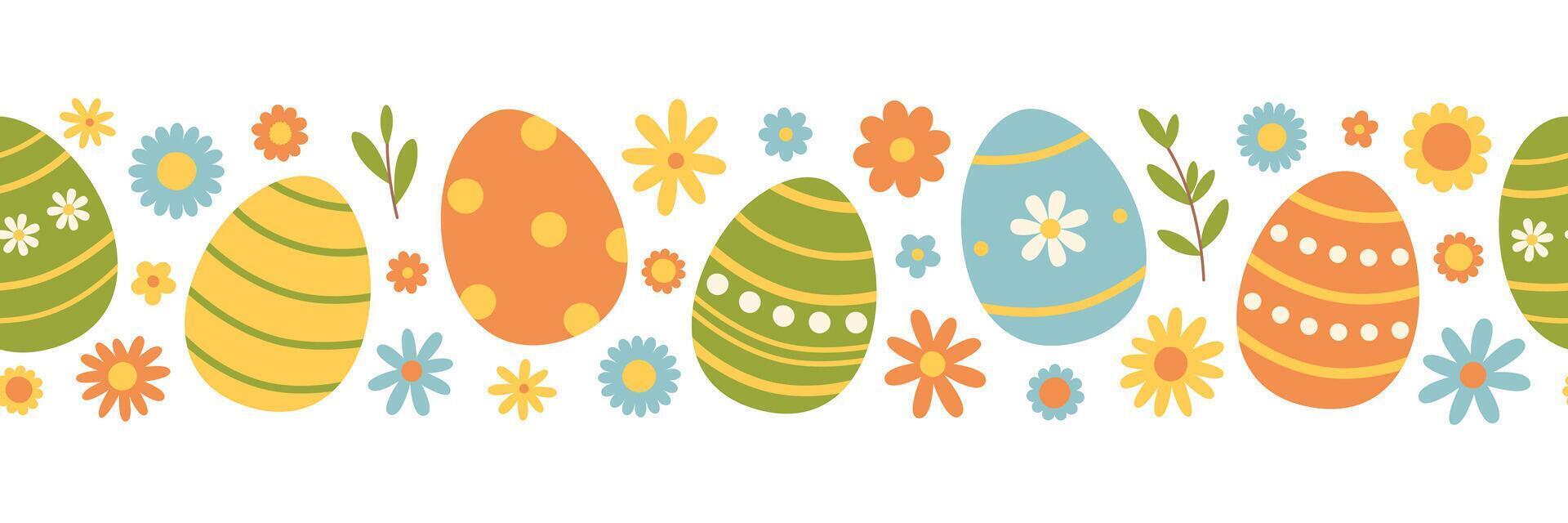 Easter seamless border with colorful eggs and flowers in green, yellow, blue and orange colors. Cute horizontal pattern. Holiday repeating banner. Flat illustration for greeting card, print vector