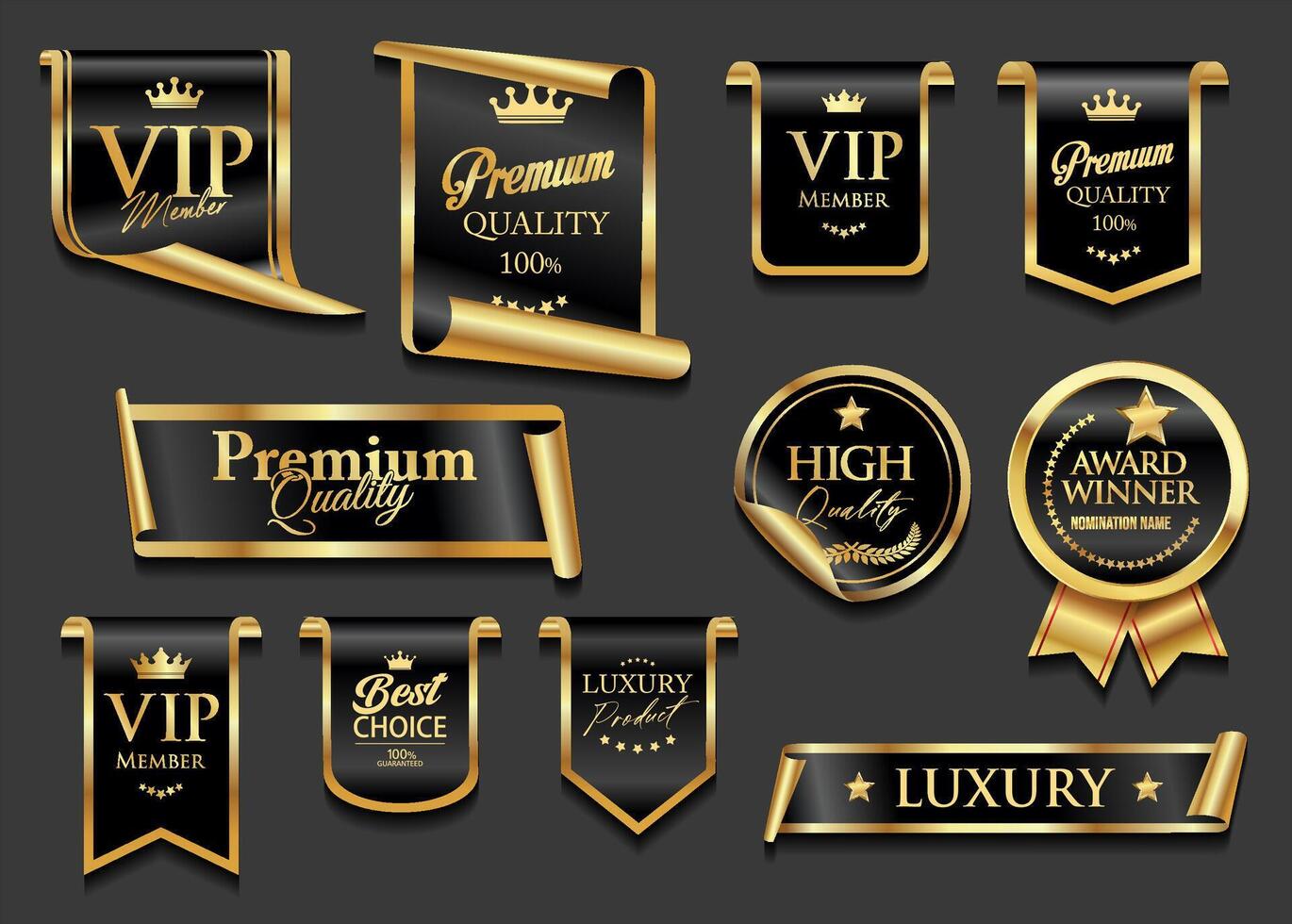 VIP and premium emblem and badges black and gold color isolated on black background illustration vector