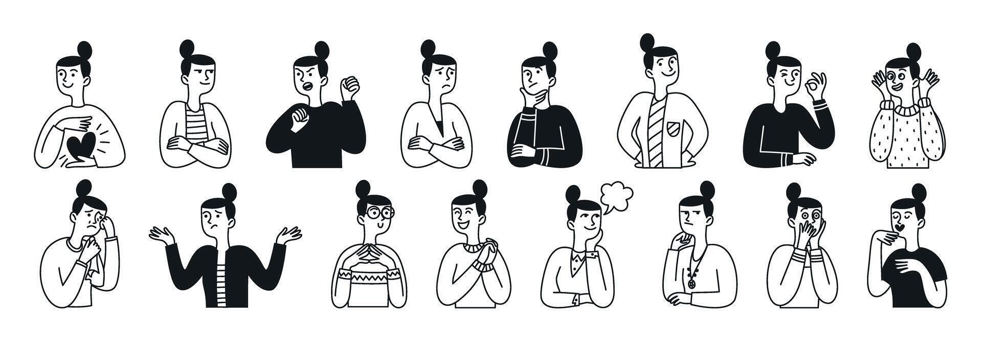Big collection of drawings of facial expressions of women, people. Happy person, sad, shocked, scared, laughing etc. Outline, hand drawn sketch vector