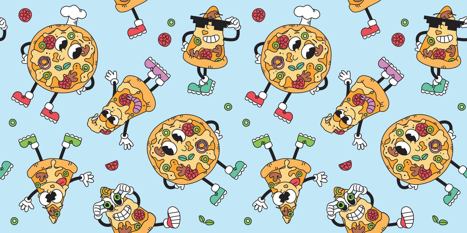 Seamless pattern groovy vintage characters pizza. Fast food. Illustration in retro style vector
