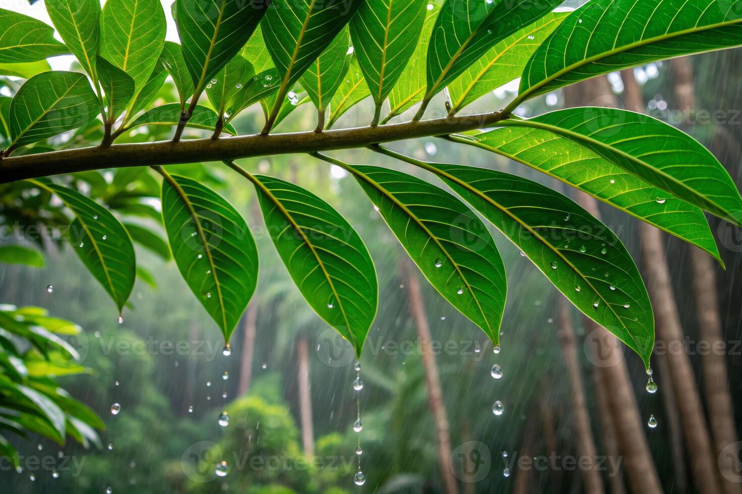 Simplicity in nature tropical raindrops on leafy green branches lush rainforest close-up perspective photo