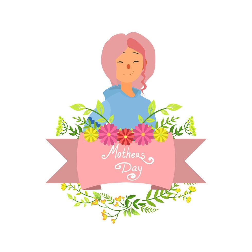 Mothers Day Card Template with Happy Beautiful Mother and Flowers Illustration vector