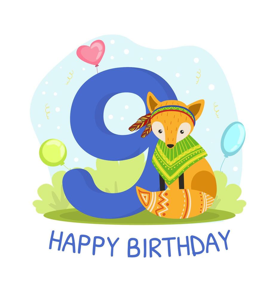 Birthday Anniversary Number and Cute Ethnic Patterned Fox Animal, Card Template for Nine Year Old Illustration vector