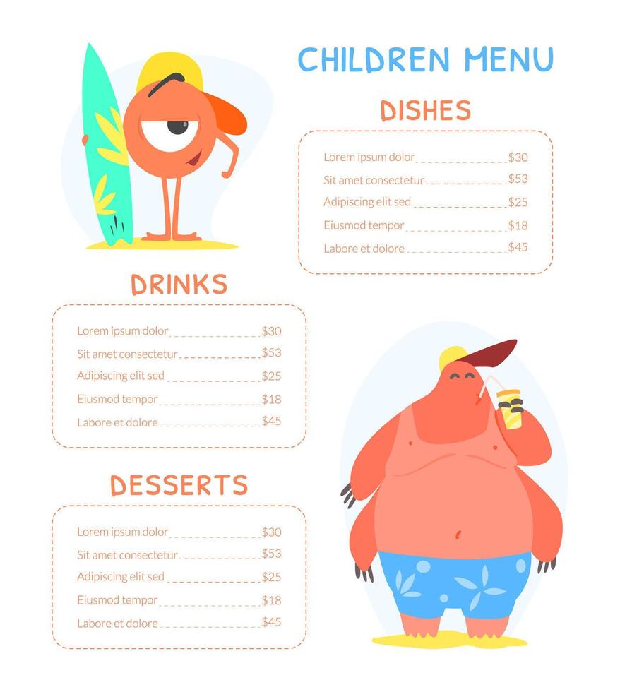 Cute Colorful Children Meal Menu with Cute Funny Monsters Illustration vector