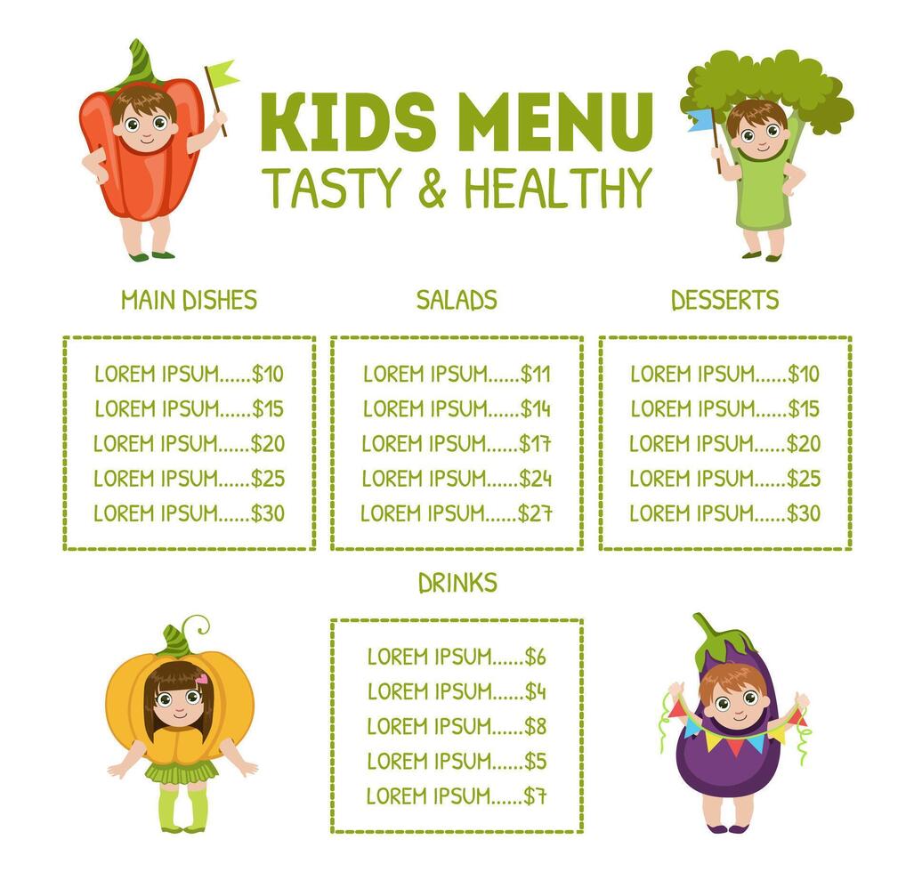 Cute Colorful Kids Meal Menu with Cute Children Dressed Like Vegetables Illustration vector