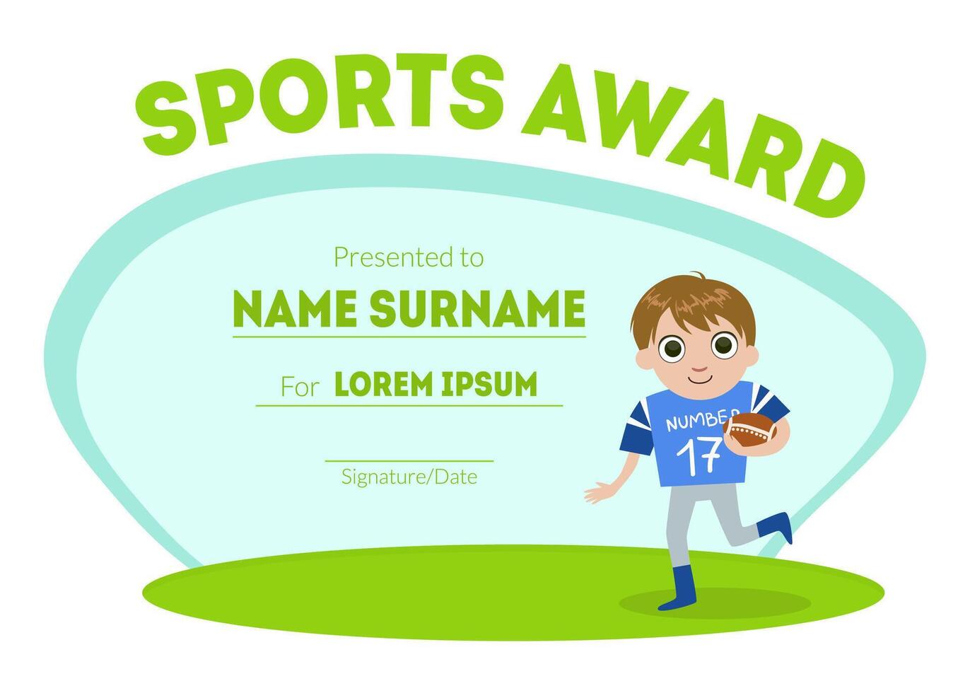 Sports Award Diploma Template, Kids Certificate with Boy Rugby Player for Competition or Sports Winner Illustration vector