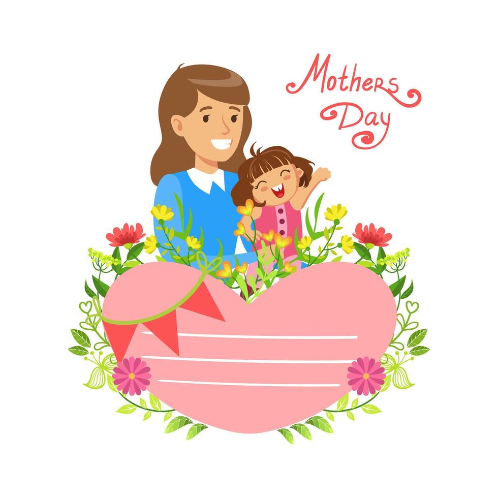 Mothers Day Card Template, Beautiful Mother with Her Little Daughter, Floral Frame and Place for Text Illustration vector