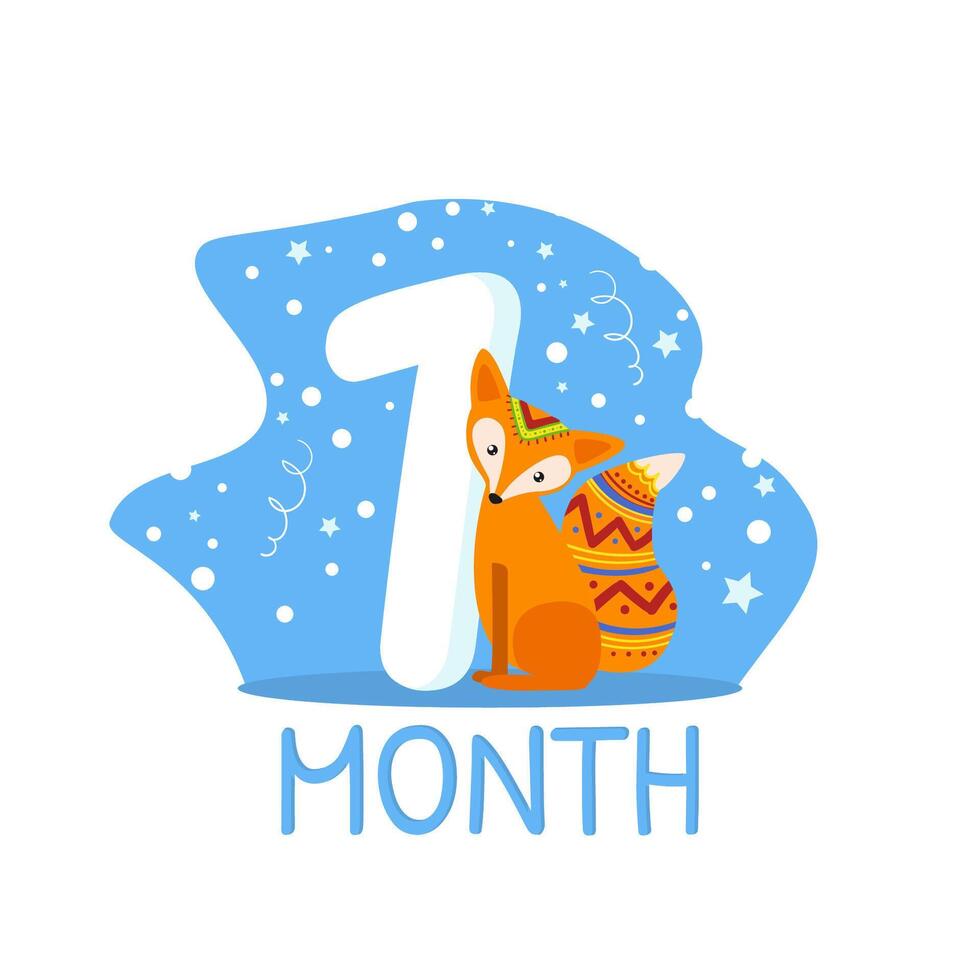 First Month Birthday Anniversary Number and Cute Ethnic Patterned Fox Animal Illustration vector