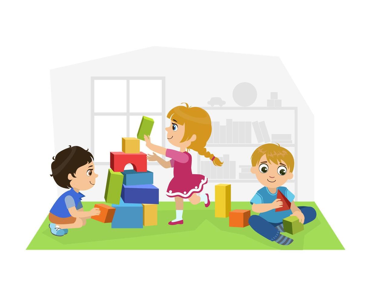 Cute Boys and Girl Sitting on Floor and Playing with Blocks in Playroom, Kids Kindergarten Activities Illustration vector