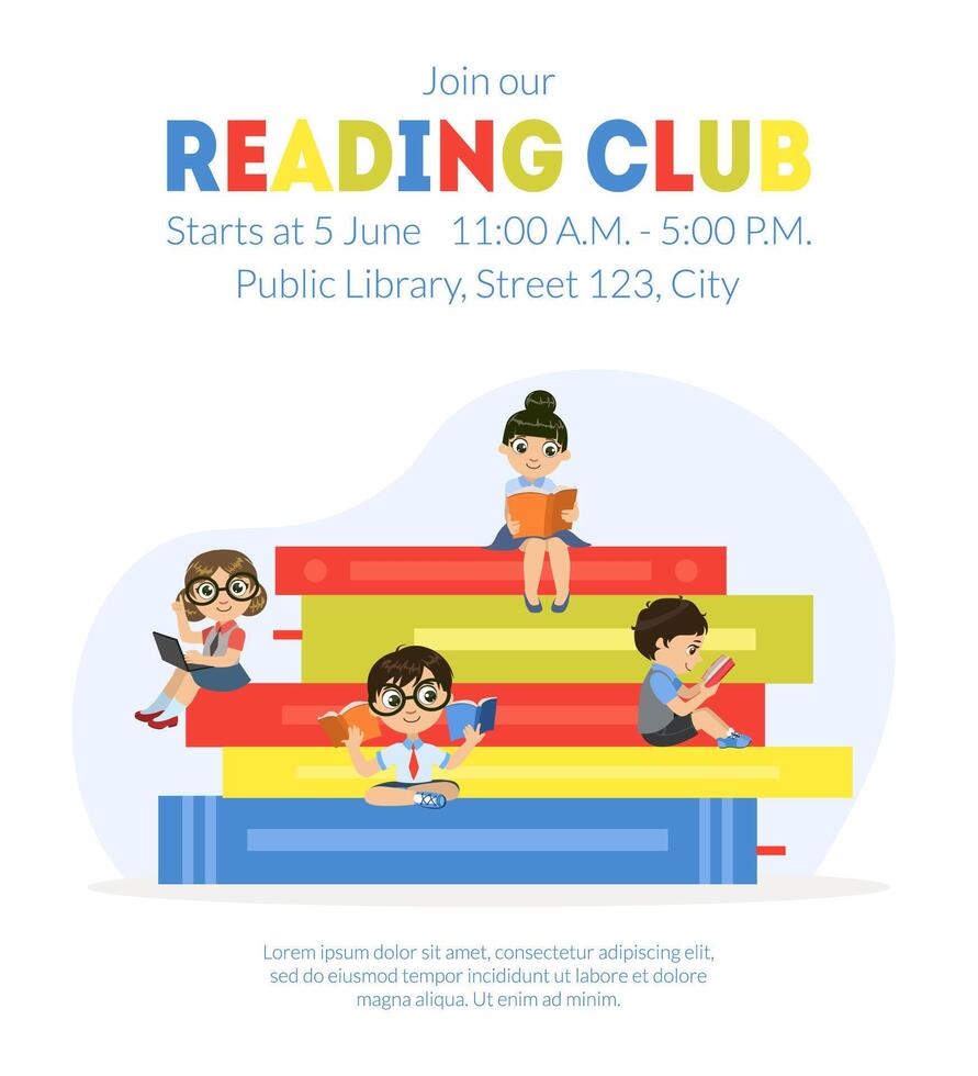 Reading Club Banner Template, Cute Little Boys and Girls Sitting and Reading on Giant Stack of Books Illustration vector