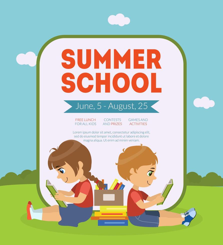 Summer School Banner Template with Cute Boy and Girl Sitting on Lawn and Reading Books Illustration vector