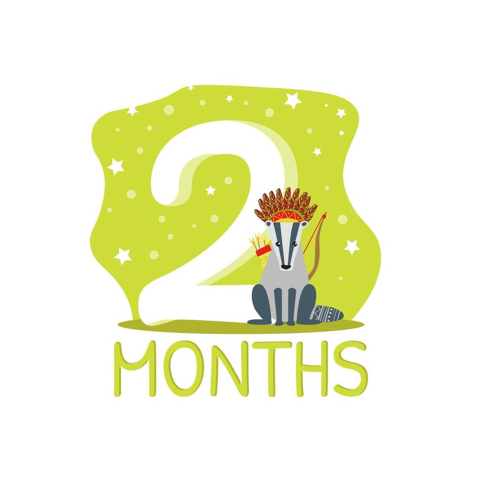 Second Month Birthday Anniversary Number and Cute Ethnic Patterned Raccoon Animal Illustration vector