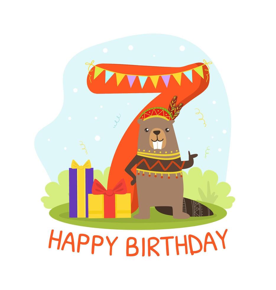Birthday Anniversary Number and Cute Ethnic Patterned Beaver Animal, Card Template for Seven Year Old Illustration vector