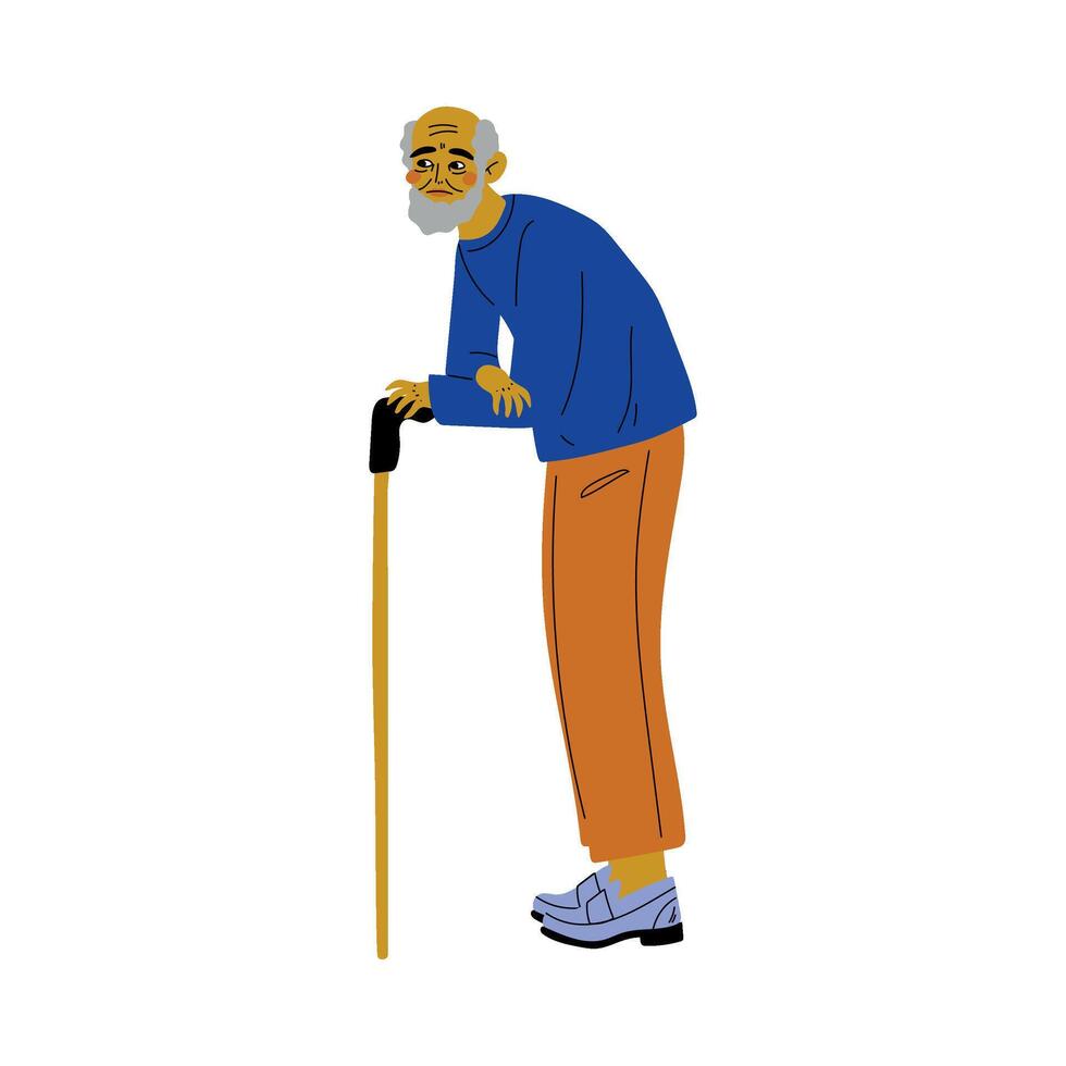 Old Senior Bearded Man Walking with Cane Illustration vector