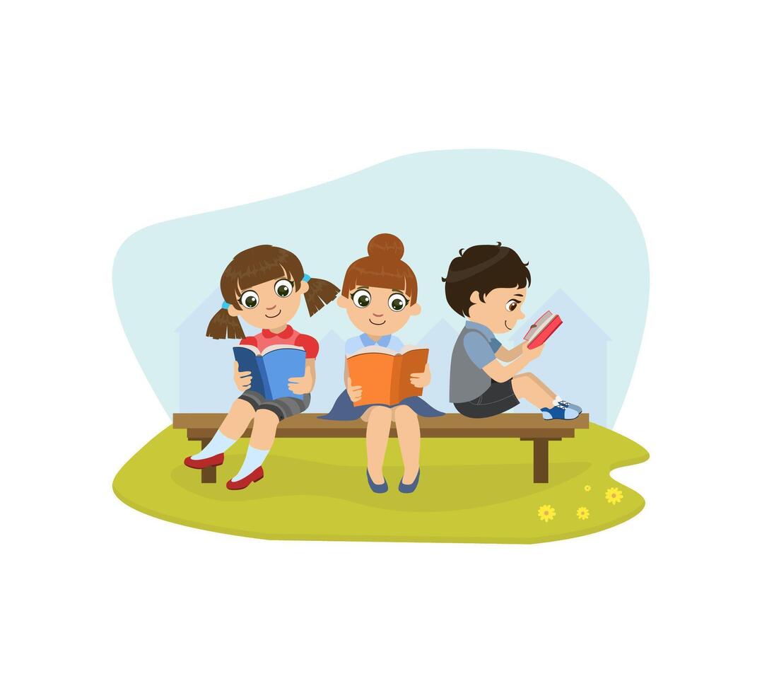 Cute Little Girls and Boy Sitting on Bench in Park and Reading Books Illustration vector