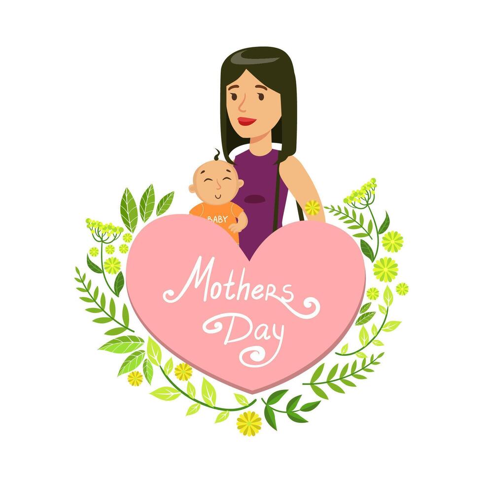Mothers Day Card Template, Beautiful Mother with Her Baby, Floral Frame and Place for Text Illustration vector