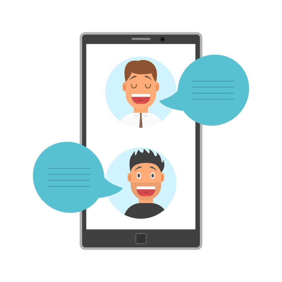 Men Face Avatars on Screen of Smartphone with Dialog Speech Bubbles, Social Media Networking Illustration vector