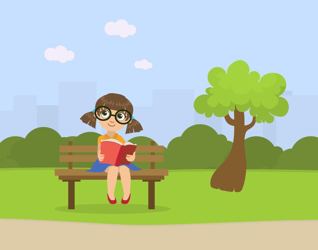 Cute Little Girl Sitting on Bench in Park and Reading Book Illustration vector