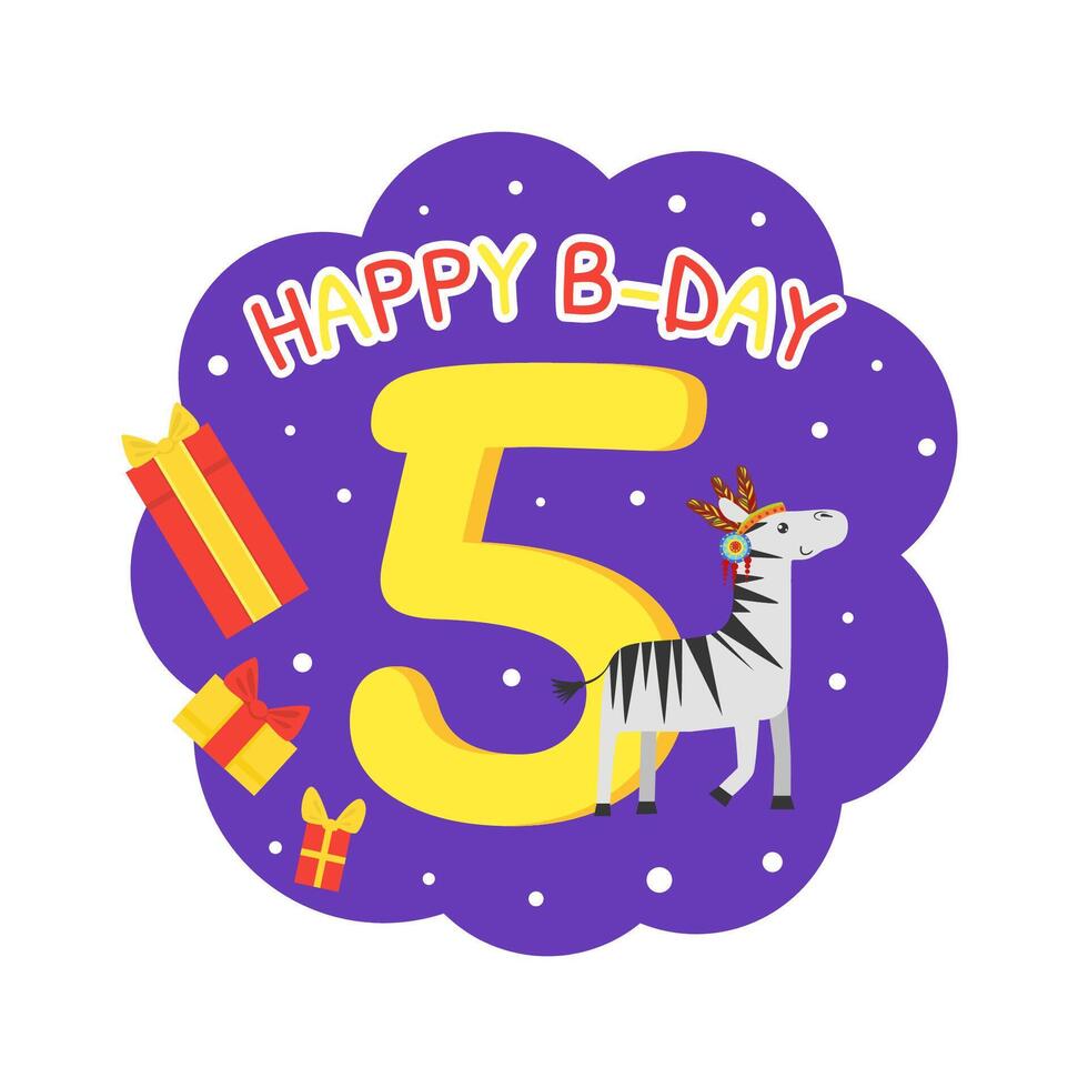 Birthday Anniversary Number and Cute Ethnic Patterned Zebra Animal, Card Template for Five Year Old Illustration vector