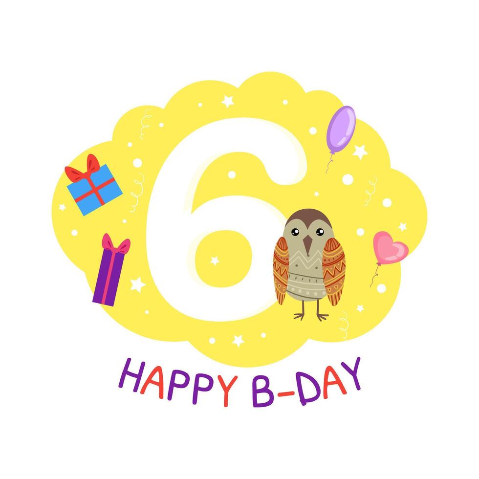 Birthday Anniversary Number and Cute Ethnic Patterned Owl Bird, Card Template for Six Year Old Illustration vector