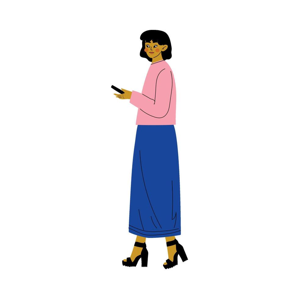 Beautiful Young Woman in Casual Clothes Walking with Smartphone Illustration vector