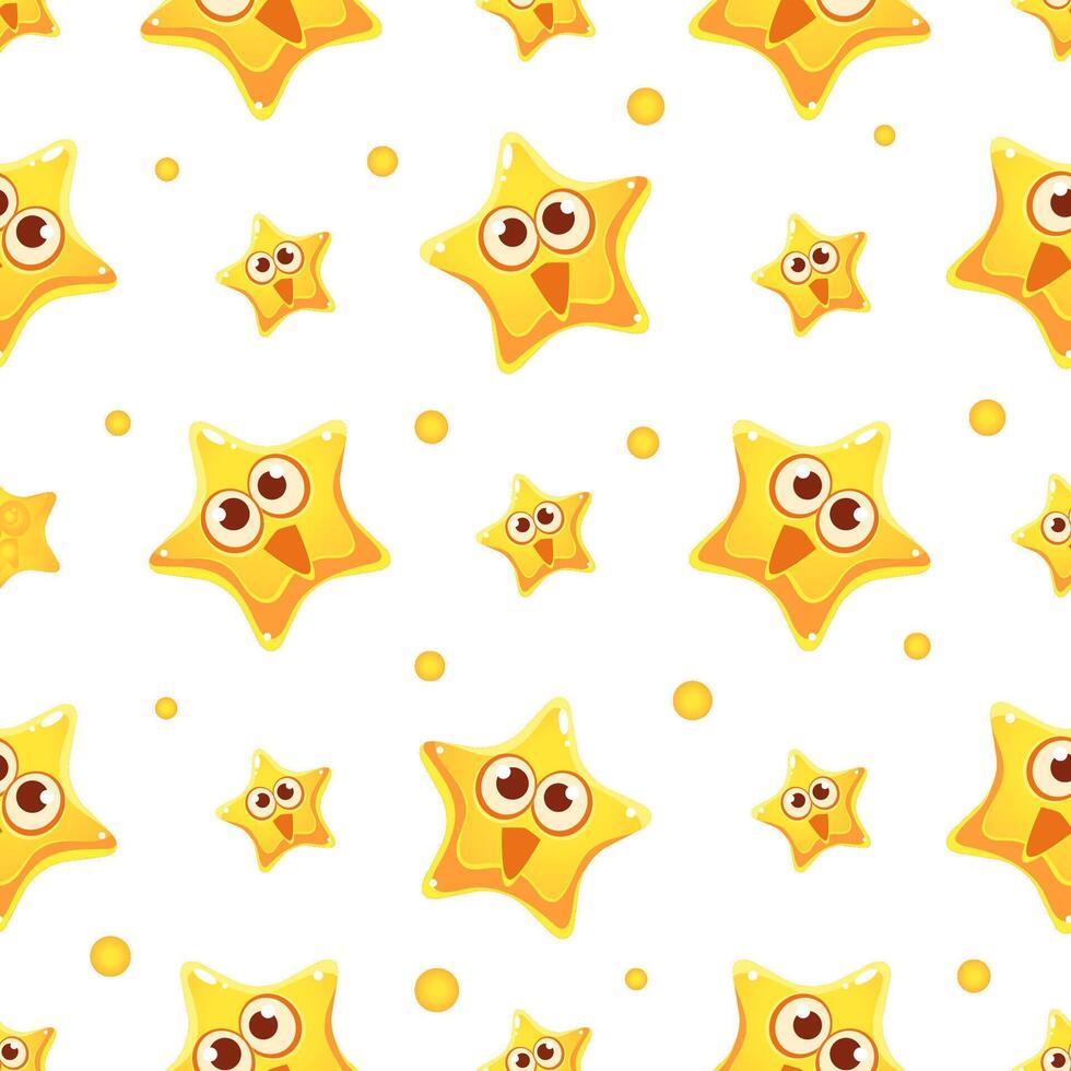 Happy Funny Yellow Star Character Seamless Pattern, Design Element Can Be Used for Wallpaper, Packaging, Background Illustration vector