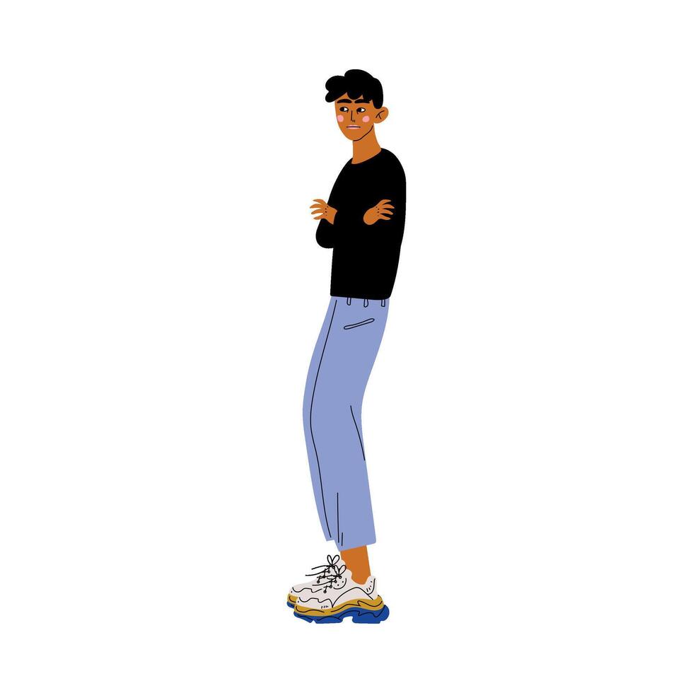Young Brunette Handsome Man in Casual Clothes Standing with Arms Crossed Illustration vector