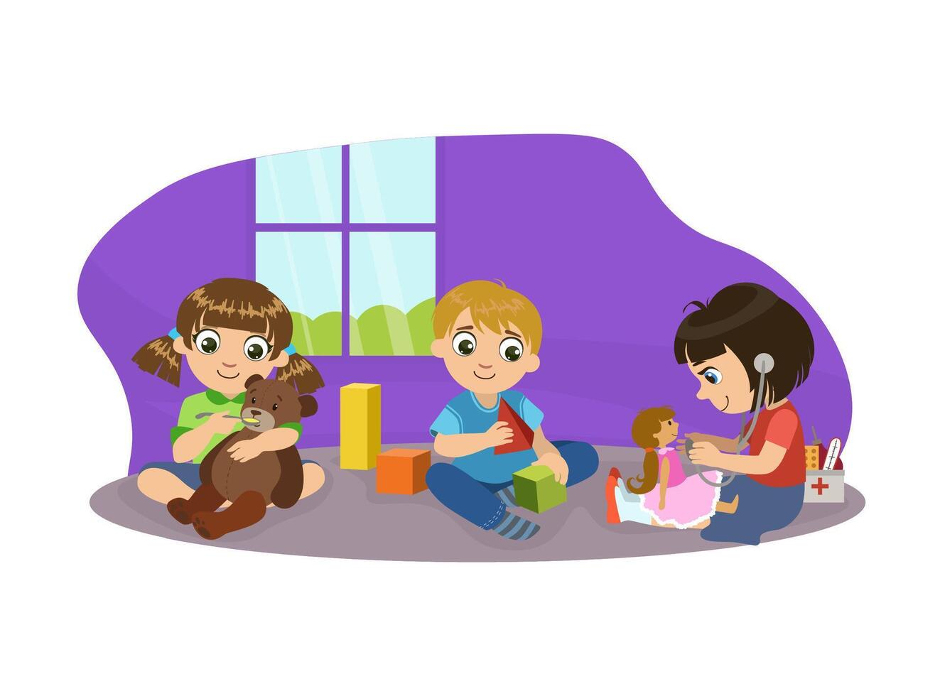 Cute Boys and Girl Sitting on Floor and Playing with Toys in Playroom, Kids Kindergarten Activities Illustration vector