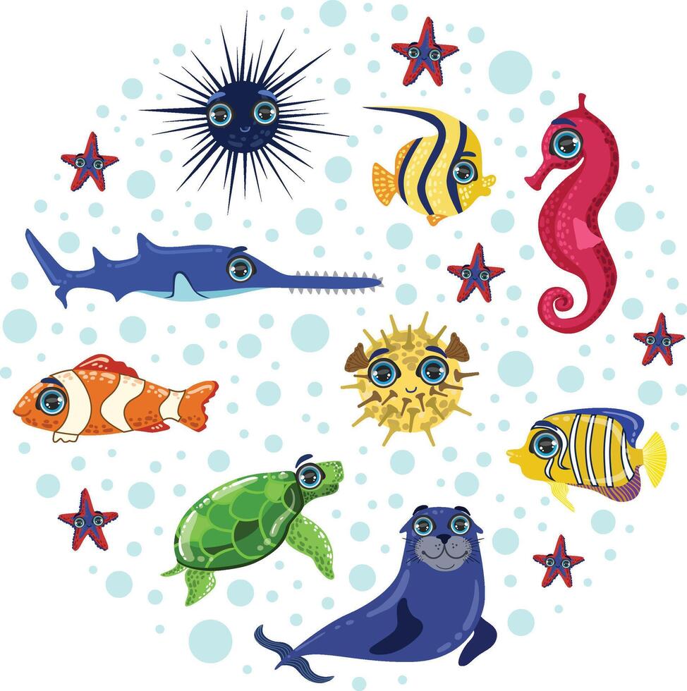 Sea Animals Seamless Pattern of Round Shape, Colorful Underwater Marine Creatures Illustration vector