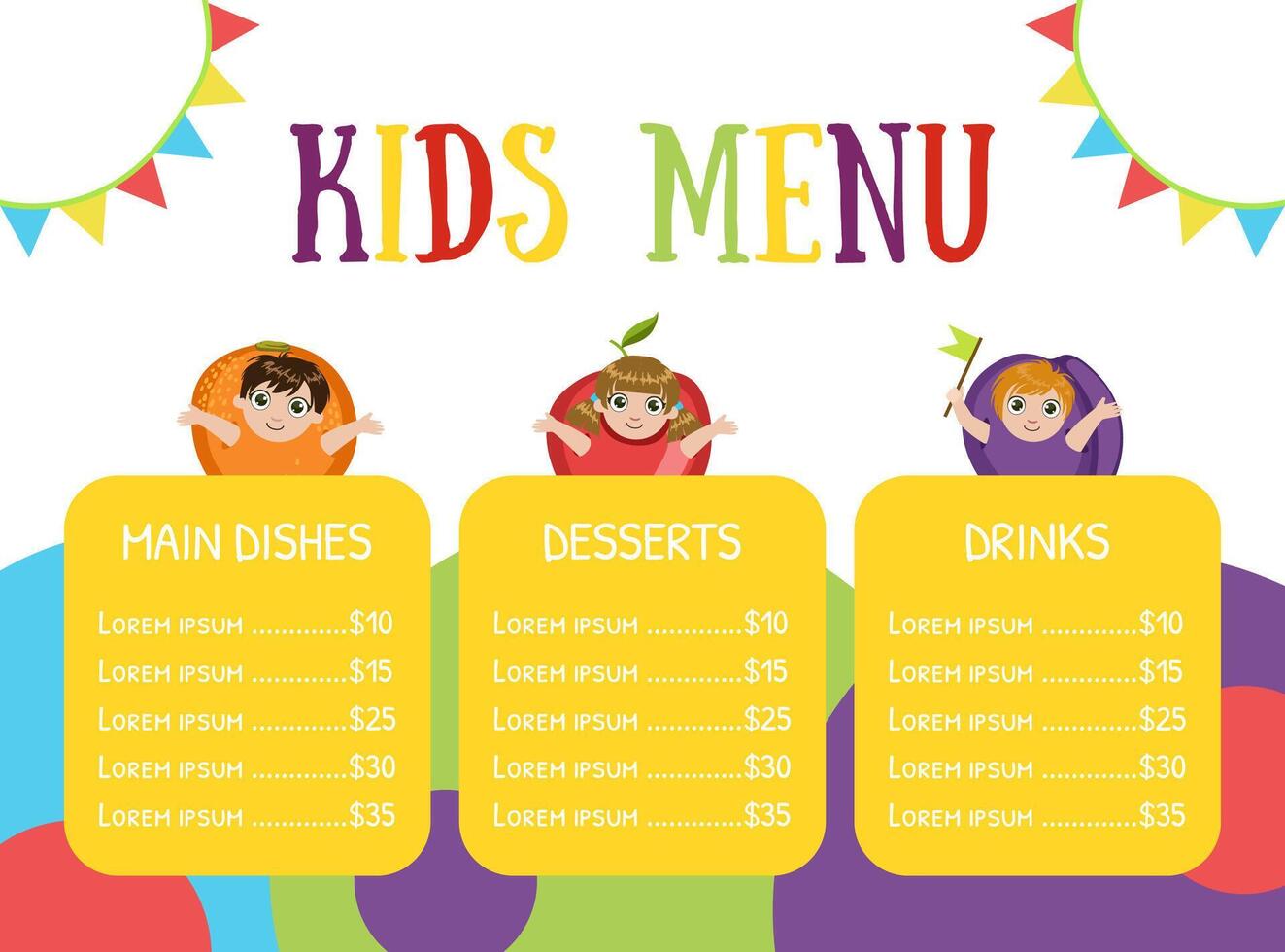 Cute Colorful Kids Meal Menu with Happy Children Dressed Like Fruits Illustration vector