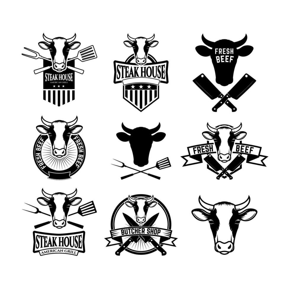 Set of labels with cow heads. Steak house, Fresh beef, butcher shop, grill. Design element for logo, label, emblem, sign, badge. illustration. vector