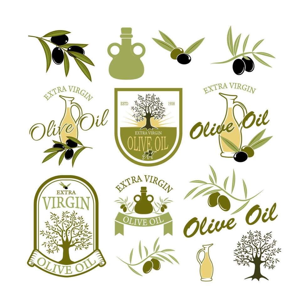 Set of the olive oil labels and badges isolated on white background. Design element for label, emblem, brand mark, sign. illustration. vector