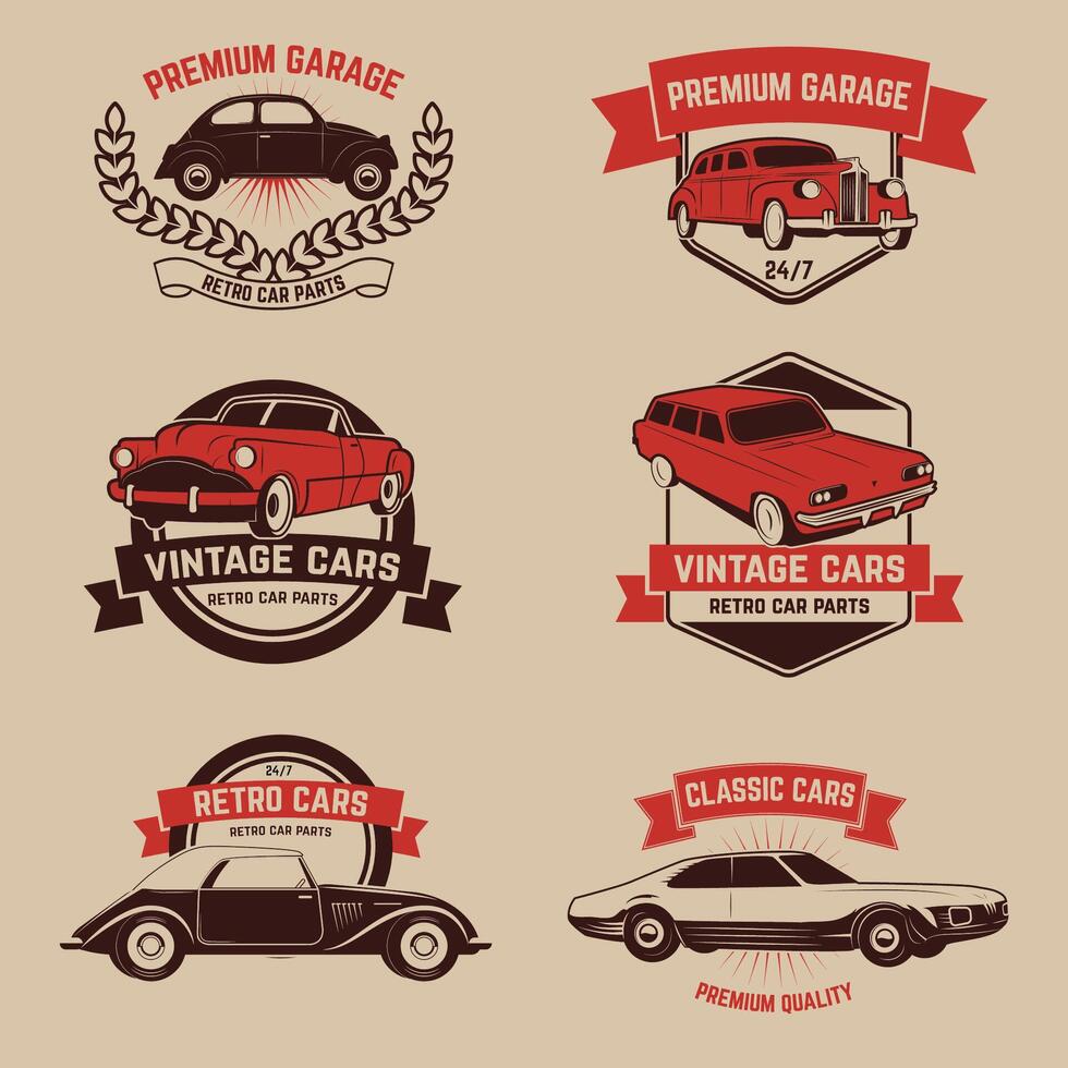 Set of retro car service emblems. Vintage vehicle, repair automotive, tuning and restoration vector