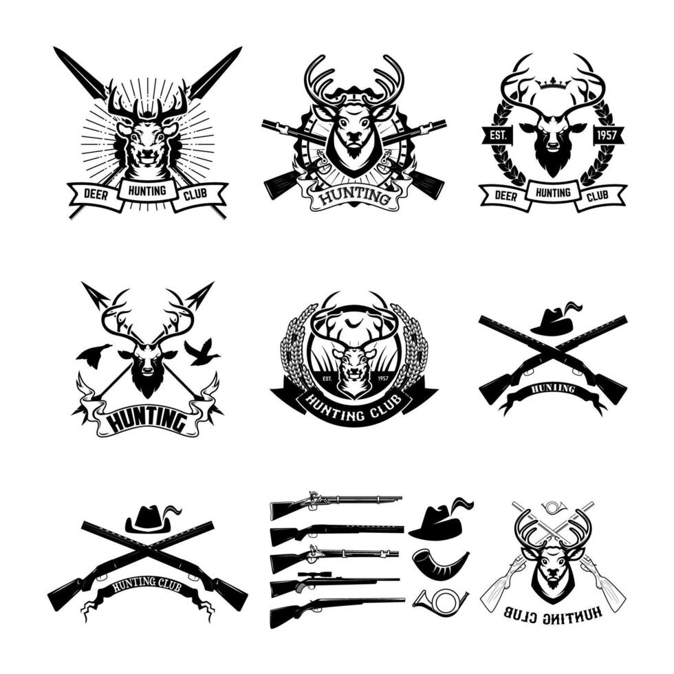 Set of hunting club logo, emblem, illustration in . Labels and Design elements camp, rest, hunting, deer silhouette, horns, heraldic elements. vector