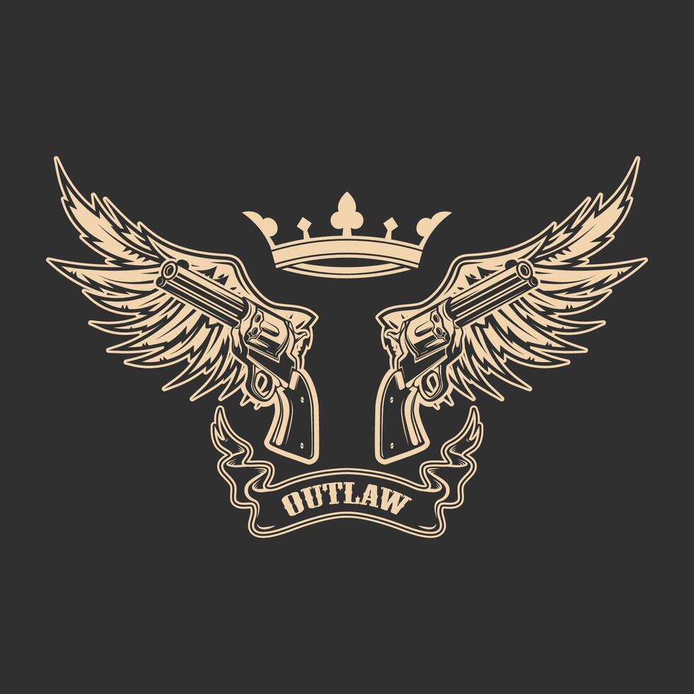 Outlaw. Two revolvers on grunge background. T-shirt print template. vector