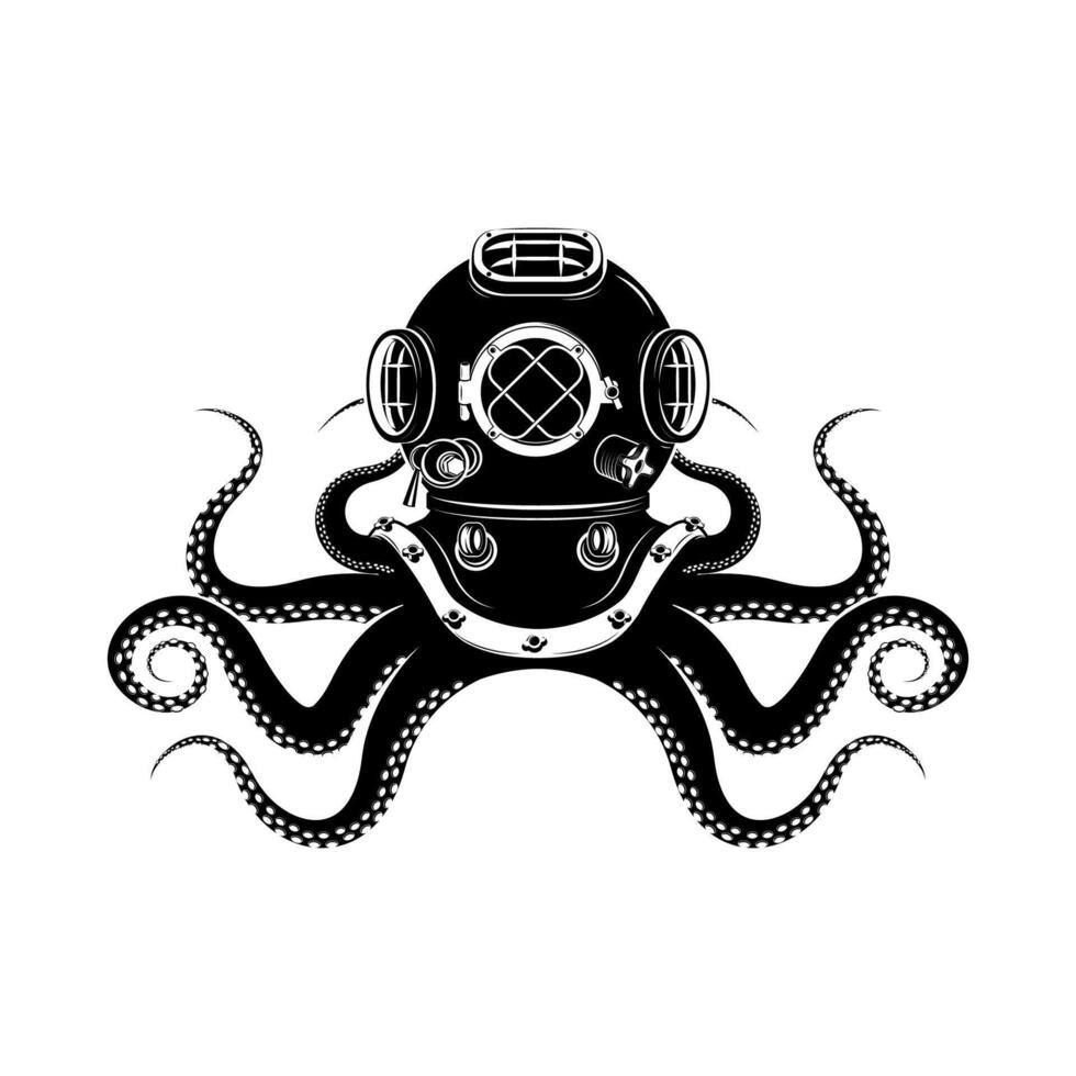 Born to dive. octopus with diver helmet and two tridents. Template for t-shirt print. illustration. vector