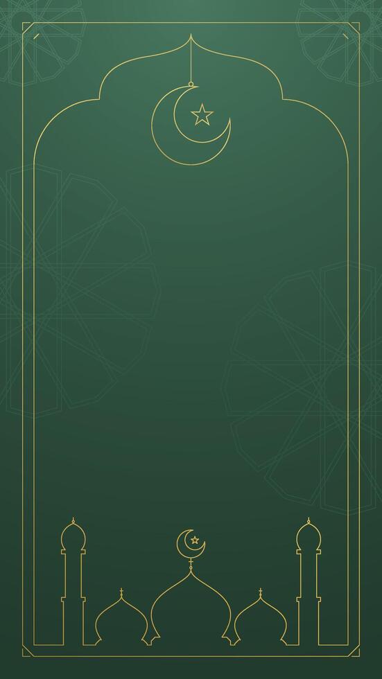 Simple Elegant Green Islamic Vertical Background Featuring Gold Line Mosque Crescent Moon Star Frame And Subtle Geometric Stars Like Patterns vector