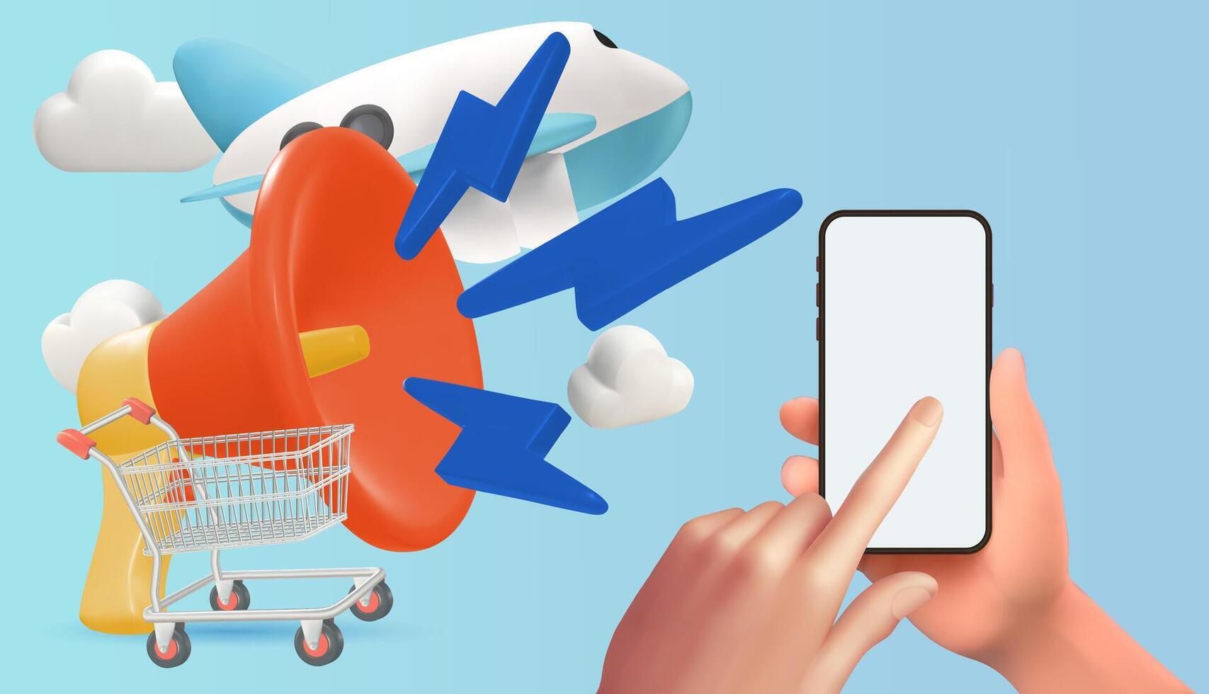 Online shopping on social media app. 3d Smartphone,airplane vector