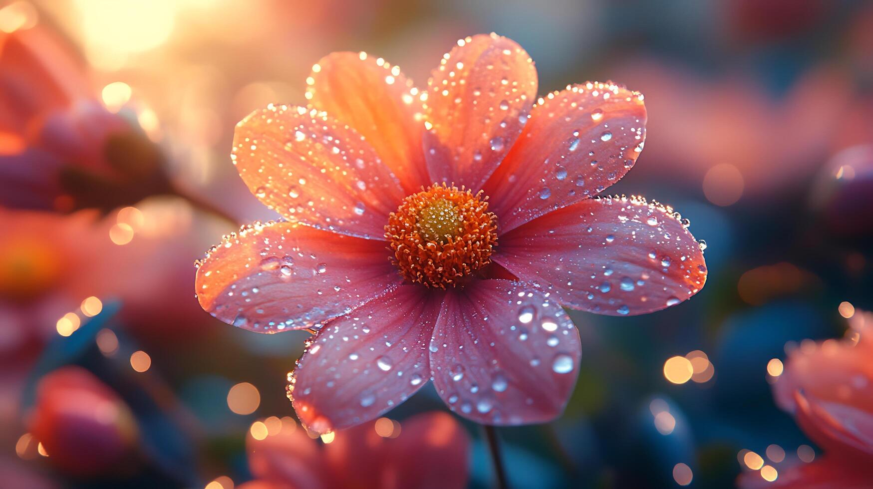 A close-up of a pink flower with water droplets on its petals, bathed in the warm glow of the setting sun. photo