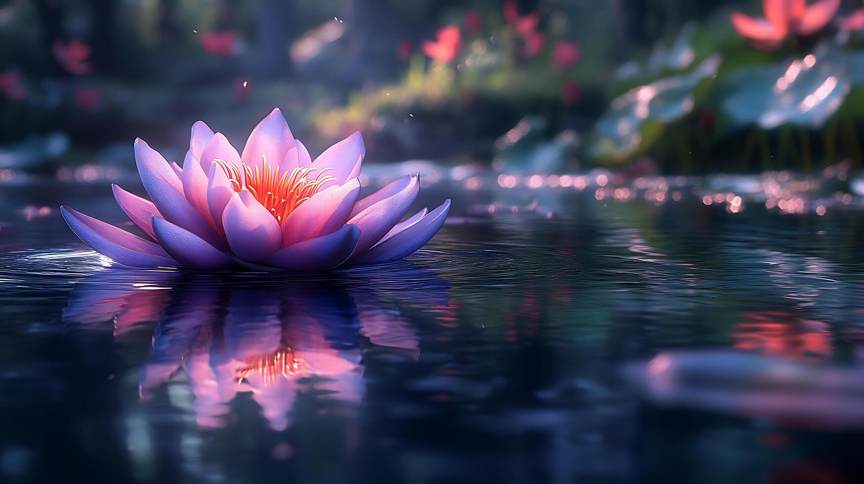 A single pink water lily floats on the surface of a still pond, its reflection shimmering in the water. The lily is surrounded by lush greenery and a soft, golden light. photo