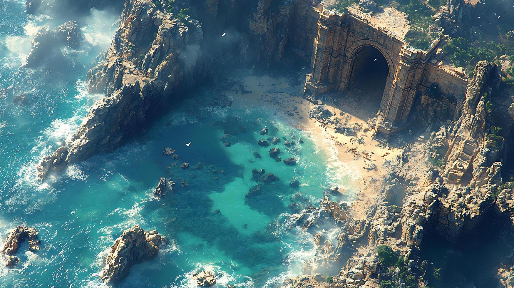 An aerial view of a secluded beach with a mysterious stone archway leading into the unknown. The crashing waves and rugged cliffs create a sense of wonder and intrigue. photo