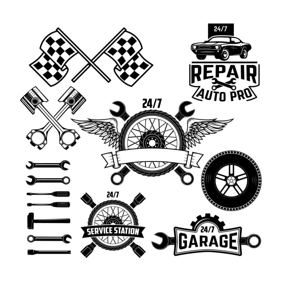 Collection of vintage retro grunge car labels, badges and icons. Garage,Car repaire station, Tire Service labels and badges and design elements. vector