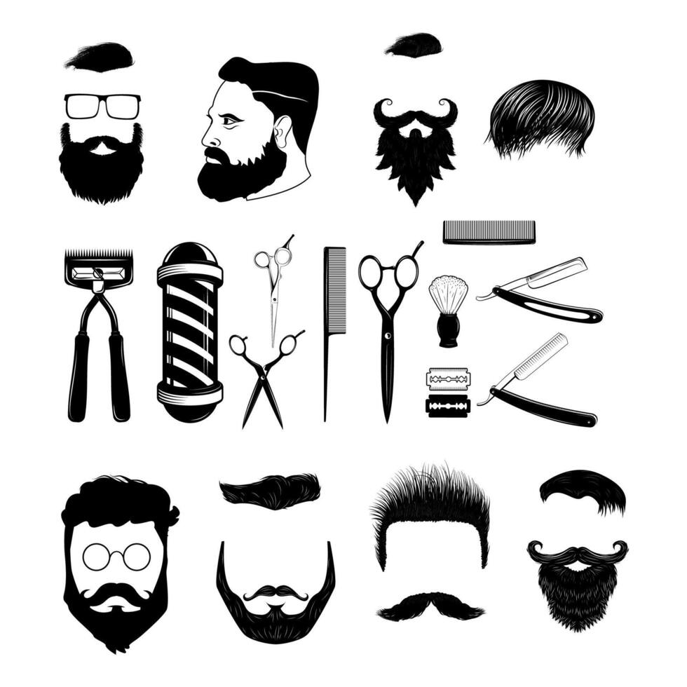 Set of vintage barber monochrome icons and design elements isolated on white background. Man hairstyle icons. Design elements for logo, label, emblem, badge, sign. illustration. vector