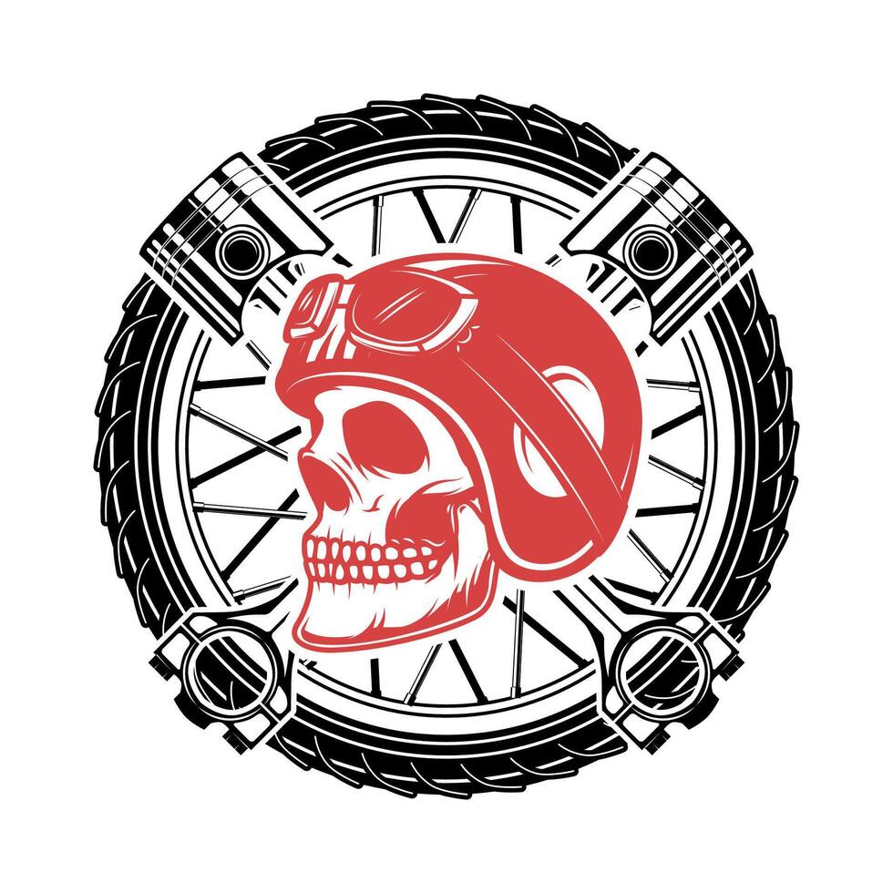 Born to ride. Skull in motorcycle helmet on background with wheel and crossed pistons. Design element for t-shirt print, poster, emblem. illustration. vector